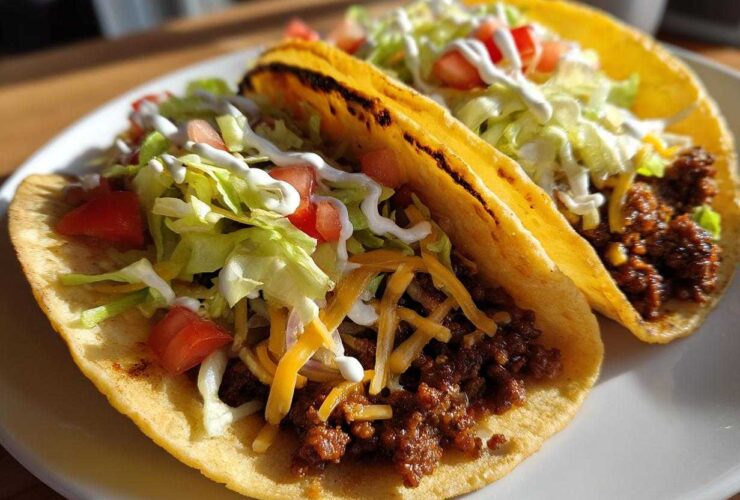 Two crispy tacos filled with seasoned ground beef, shredded cheese, lettuce, tomato, and sour cream, representing delicious Smash Burger Tacos.