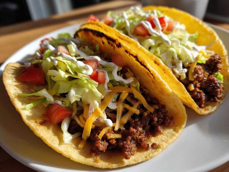 Two crispy tacos filled with seasoned ground beef, shredded cheese, lettuce, tomato, and sour cream, representing delicious Smash Burger Tacos.