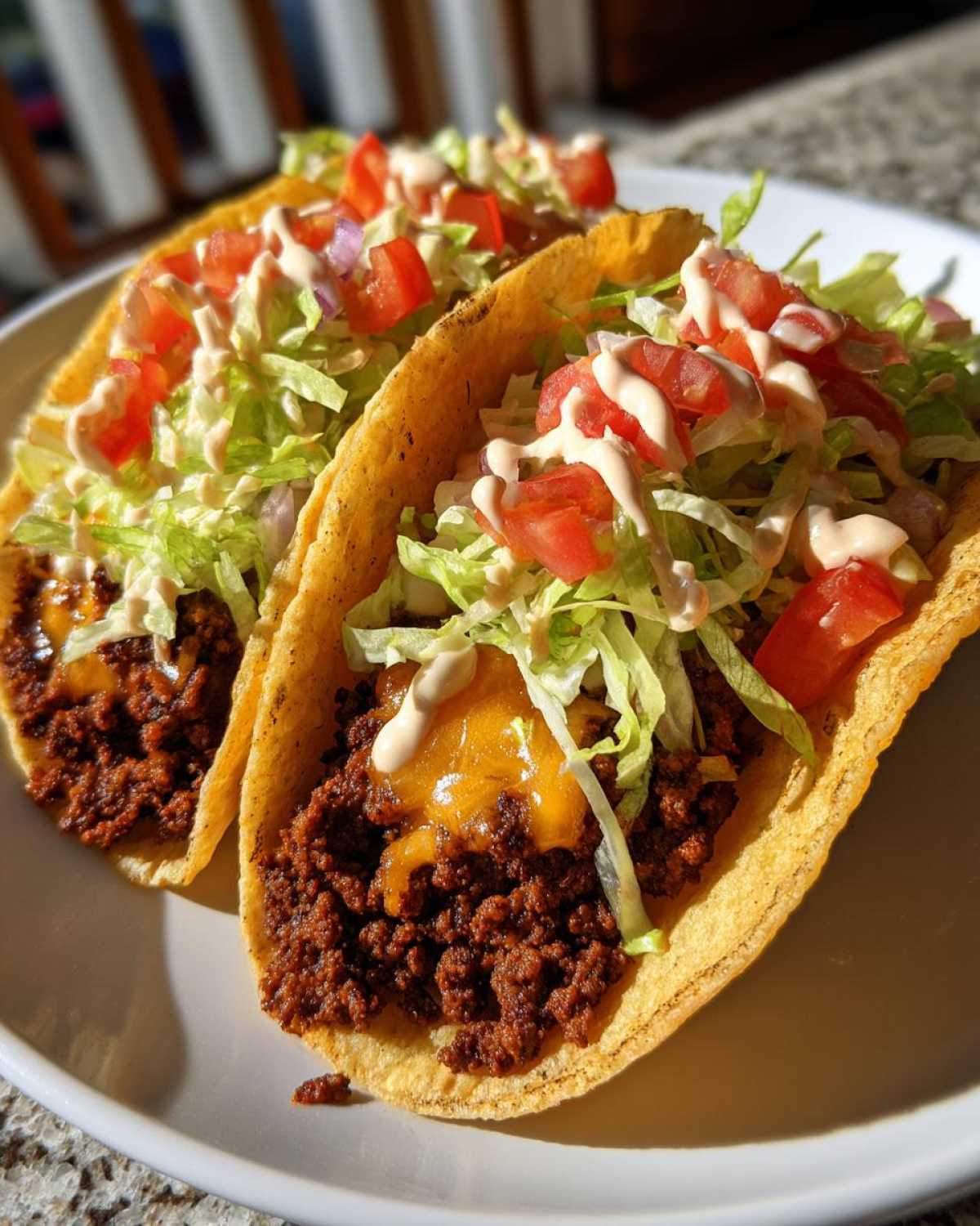 Two crispy shell Smash Burger Tacos filled with seasoned ground beef, melted cheese, shredded lettuce, diced tomatoes, and a drizzle of sauce.