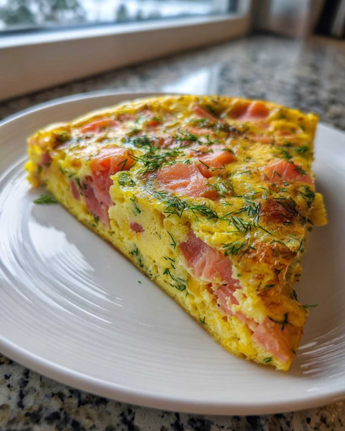 A thick slice of Smoked Salmon Dill Frittata, showing layers of egg, pink salmon, and fresh dill, served on a white plate.