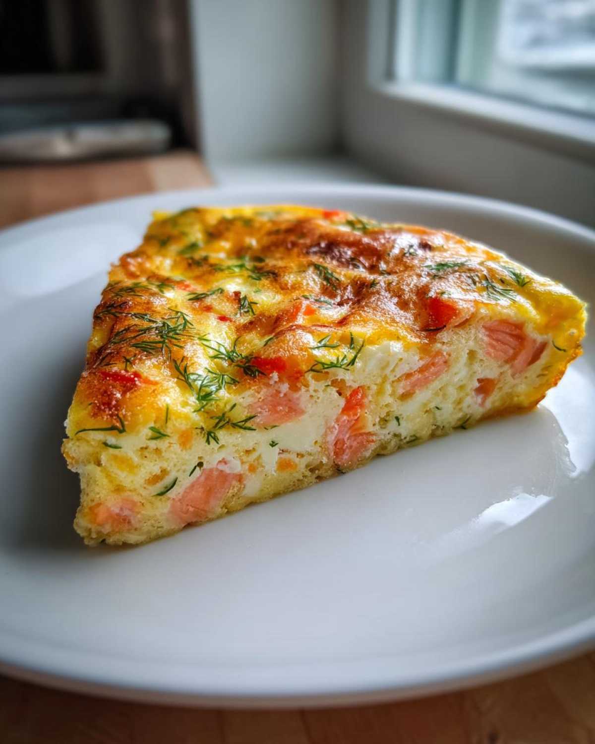 A wedge-shaped slice of Smoked Salmon Dill Frittata, showing pink salmon chunks and fresh dill, served on a white plate.