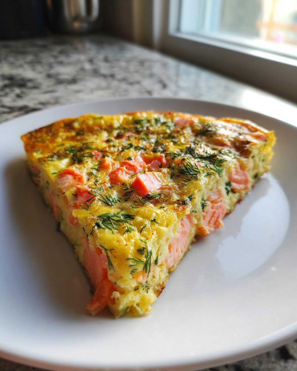 A wedge-shaped slice of Smoked Salmon Dill Frittata topped generously with fresh dill, served on a white plate.