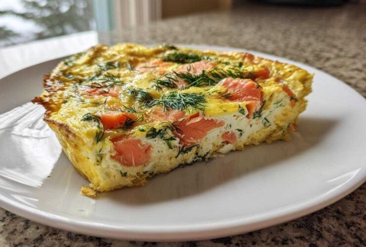 A close-up of a thick slice of Smoked Salmon Dill Frittata, showing pink salmon pieces and green dill baked into the yellow egg base.