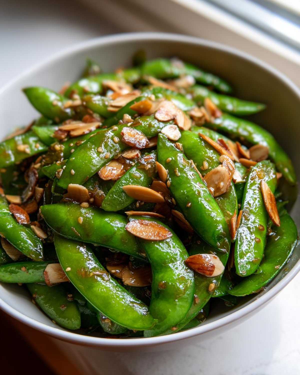 Close-up of vibrant green snap peas coated in a glossy dressing, topped with toasted sesame seeds and sliced almonds in a Snap Pea Sesame Salad.