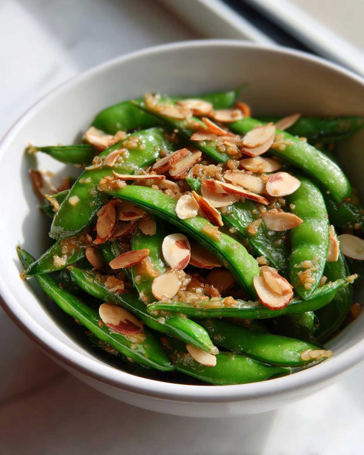 Close-up of vibrant green Snap Pea Sesame Salad tossed in dressing and topped with sliced almonds.