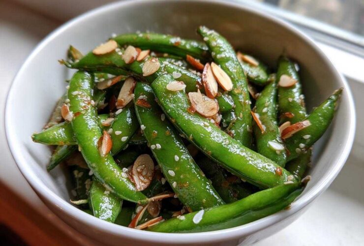 Close-up of a bright green Snap Pea Sesame Salad tossed with sesame seeds and sliced almonds in a white bowl.