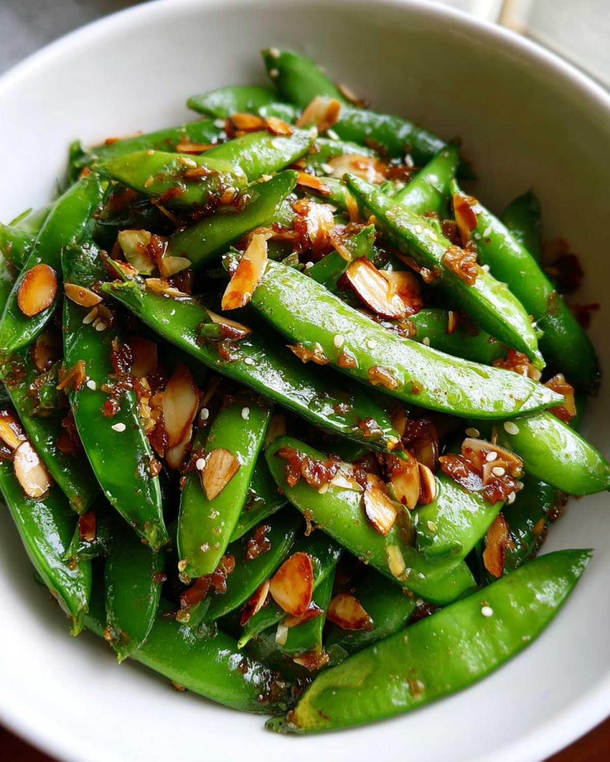 Close-up of bright green Snap Pea Sesame Salad tossed with toasted almonds and sesame seeds.