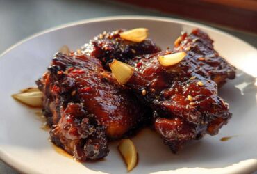 Close-up of glistening, dark Soy Sauce Chicken with Ginger, topped with sliced garlic cloves.