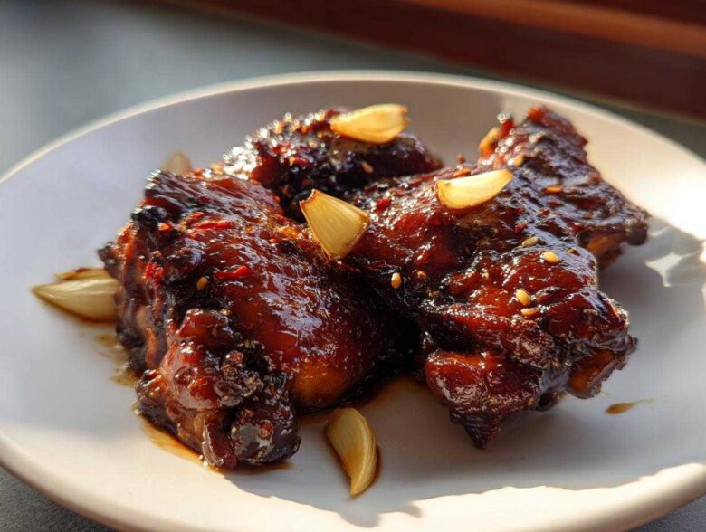 Close-up of glistening, dark Soy Sauce Chicken with Ginger, topped with sliced garlic cloves.