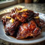 Close-up of glossy, dark glazed Soy Sauce Chicken with Ginger pieces served on a white plate.