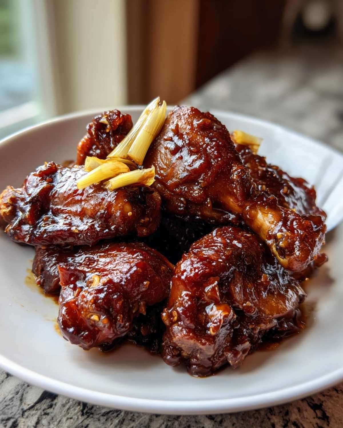 Close-up of sticky, dark glazed Soy Sauce Chicken with Ginger pieces served on a white plate.