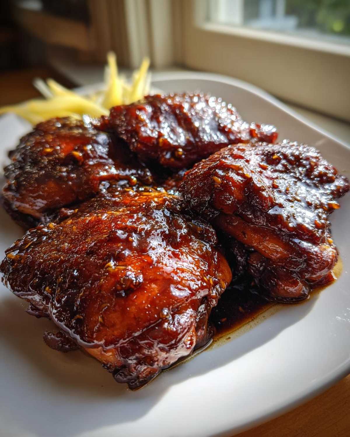 Four pieces of glossy, dark glazed Soy Sauce Chicken with Ginger served on a white plate, garnished with julienned ginger.