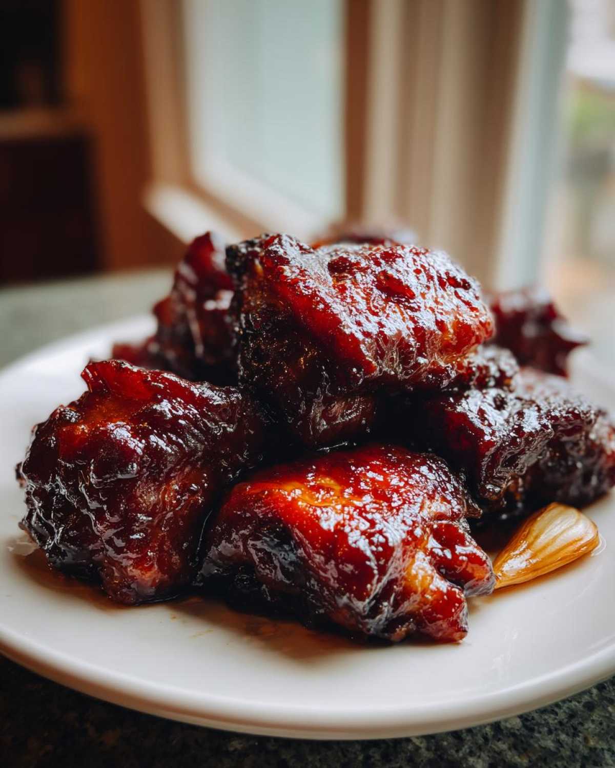 Close-up of rich, dark glazed pieces of Soy Sauce Chicken with Ginger piled on a white plate.