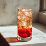 A tall glass filled with ice, carbonated liquid, and fresh strawberries at the bottom, representing Sparkling Strawberry Shrub Soda.