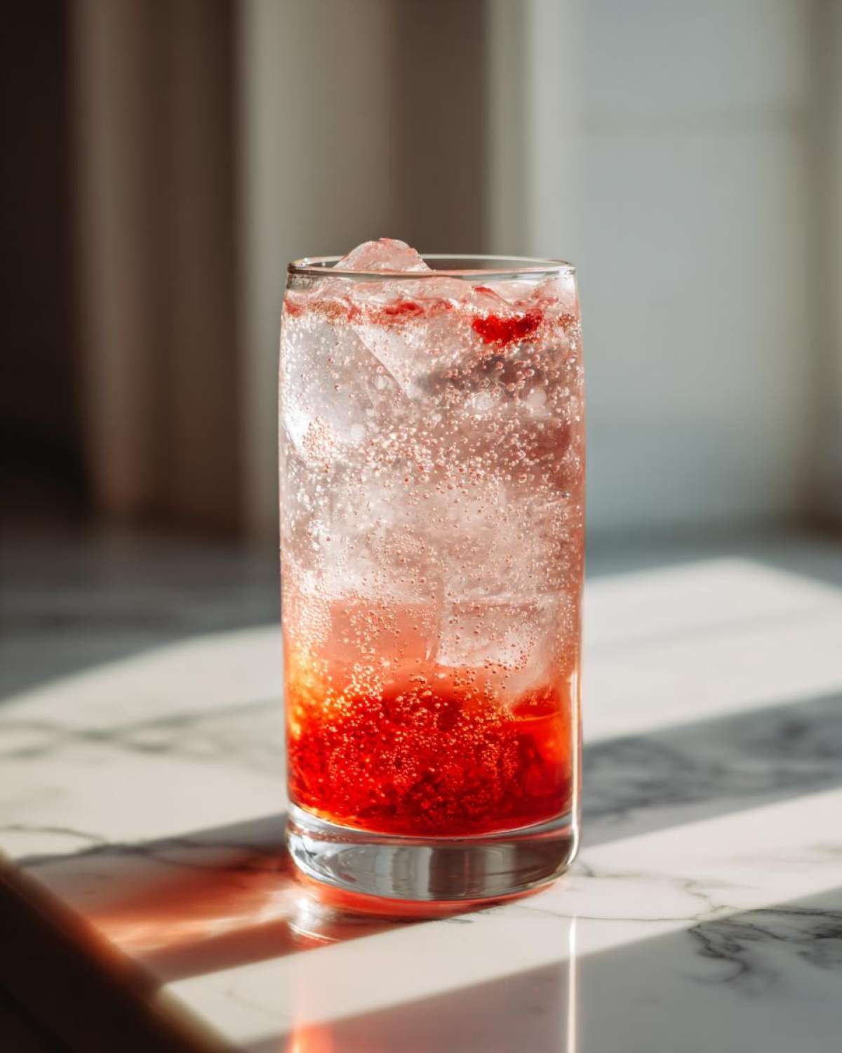 A tall glass filled with ice and bright red Sparkling Strawberry Shrub Soda, showing carbonation bubbles.