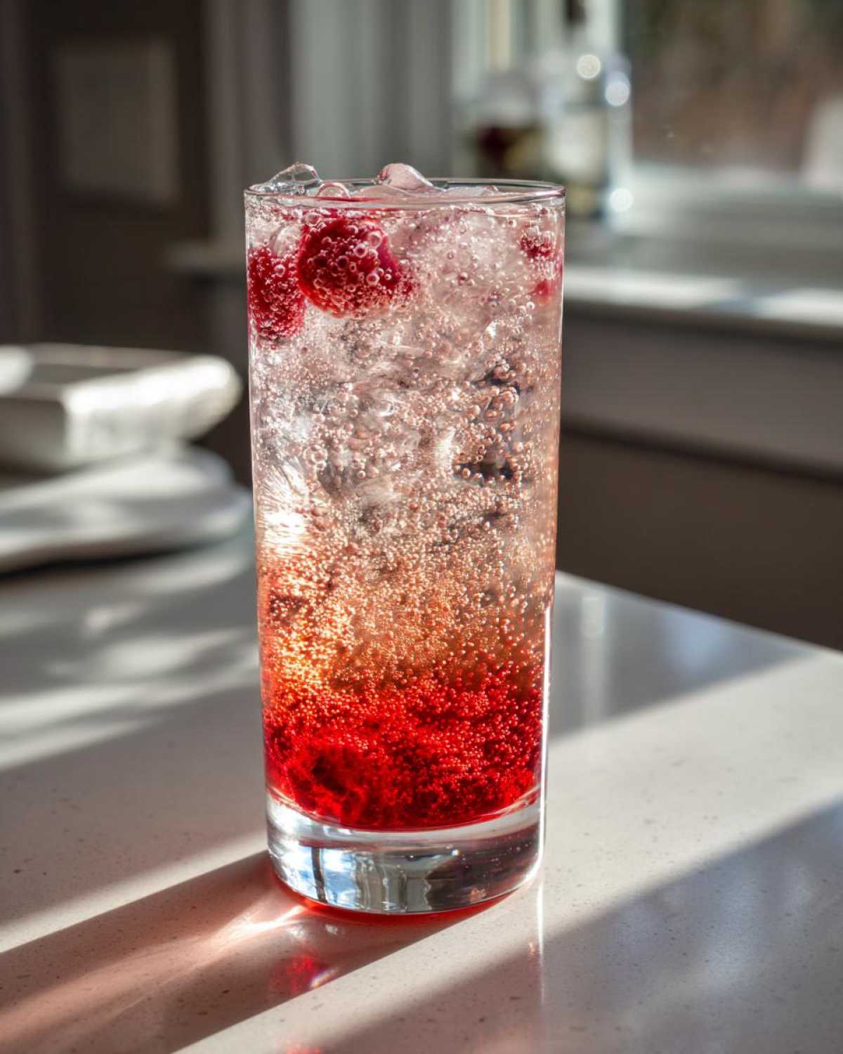 Close-up of a tall glass of Sparkling Strawberry Shrub Soda with ice and whole berries, showing vibrant red syrup settling at the bottom.