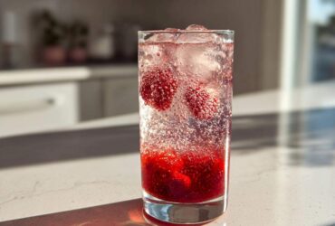 Close-up of a tall glass filled with Sparkling Strawberry Shrub Soda, ice, and whole berries, bubbling vigorously.