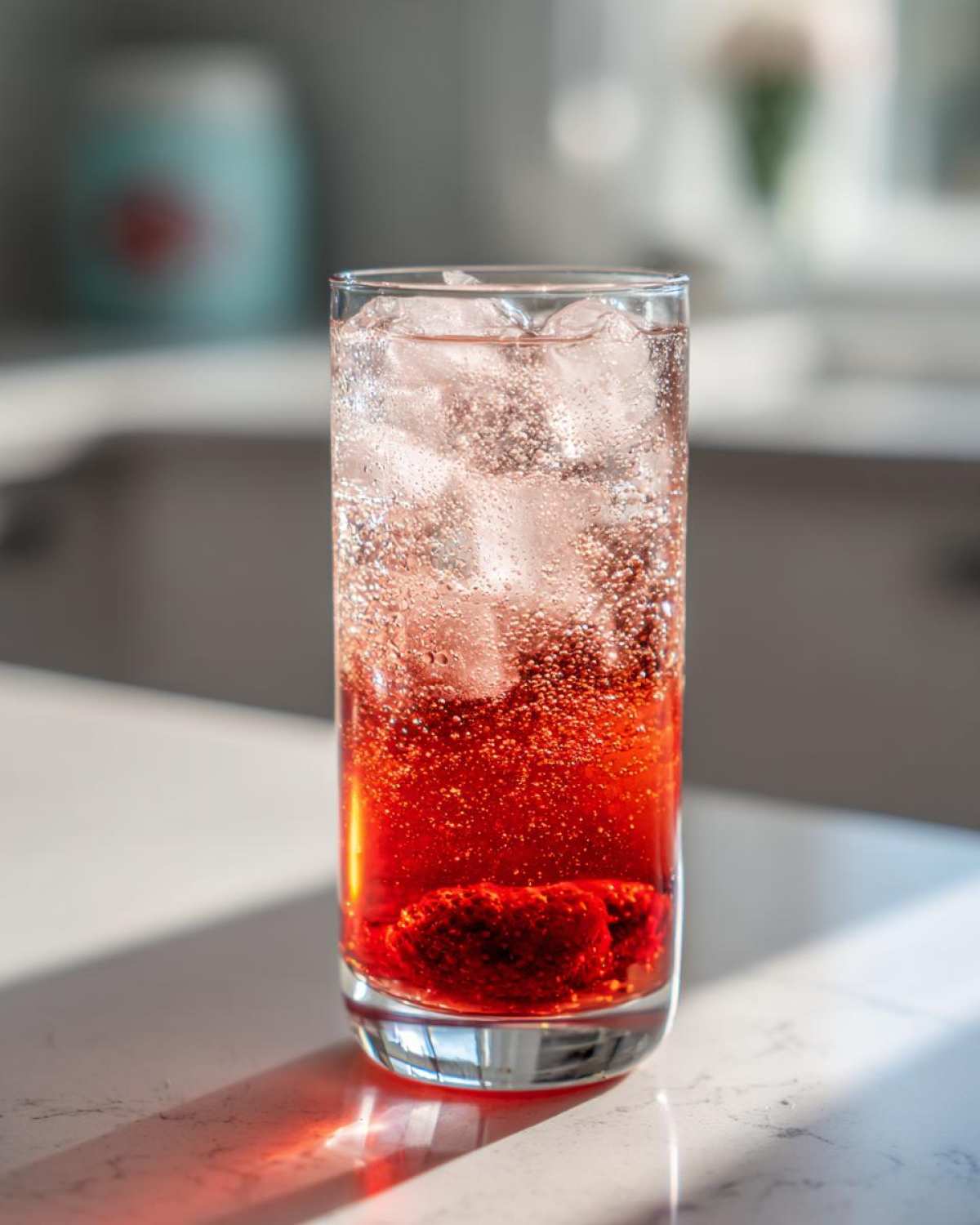 A tall glass filled with vibrant red Sparkling Strawberry Shrub Soda, ice cubes, and whole strawberries at the bottom.