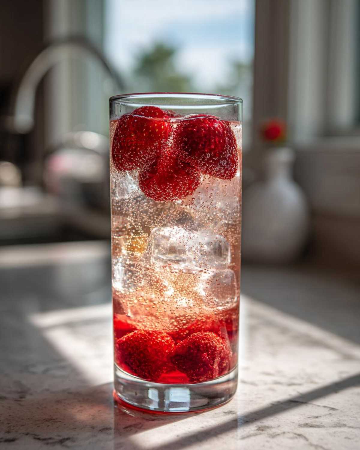 A tall glass filled with Sparkling Strawberry Shrub Soda, ice cubes, and whole fresh strawberries, bubbling vigorously.