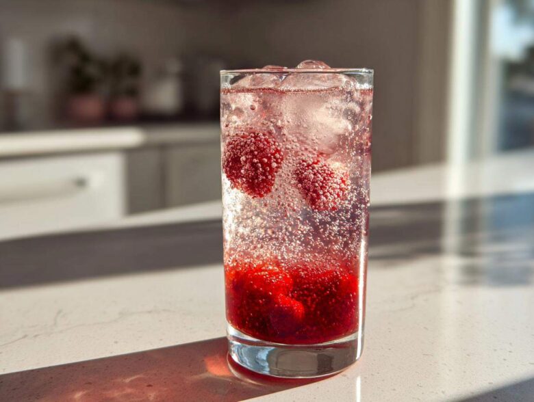 Close-up of a tall glass filled with Sparkling Strawberry Shrub Soda, ice, and whole berries, bubbling vigorously.