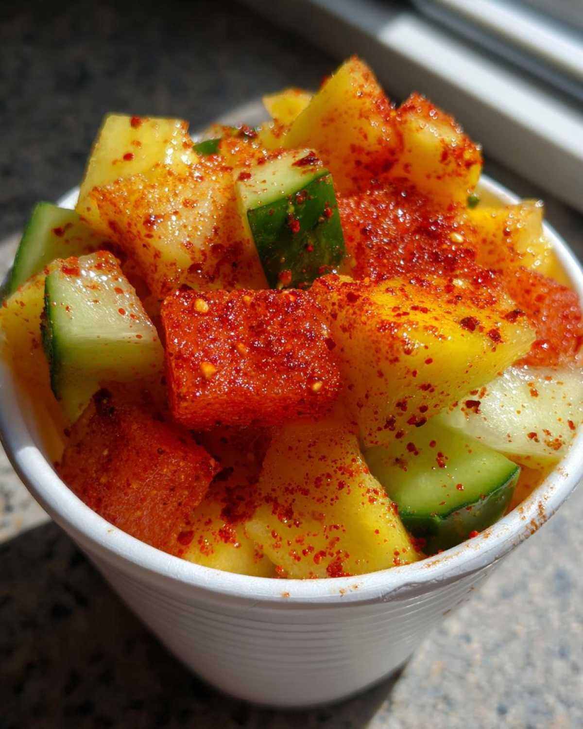 Close-up of Spicy Mango Tajin Fruit Cups featuring diced mango, cucumber, and heavy coating of red chili powder.