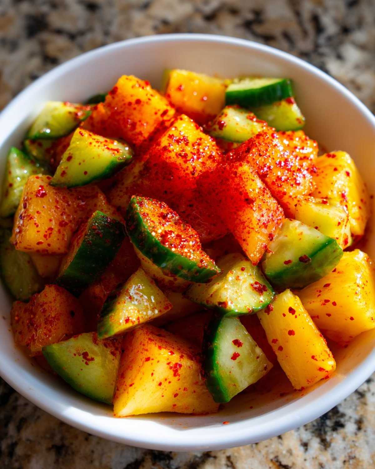 Close-up of Spicy Mango Tajin Fruit Cups featuring diced mango and cucumber tossed in bright red chili powder.