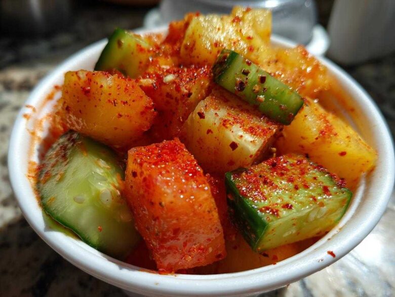 Close-up of diced mango and cucumber pieces heavily coated in red Tajin seasoning in a white cup for Spicy Mango Tajin Fruit Cups.