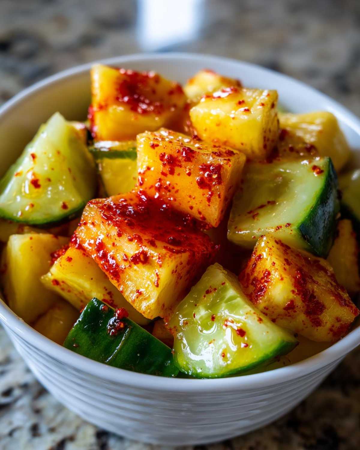 Close-up of diced mango and cucumber tossed in a spicy red seasoning, resembling Spicy Mango Tajin Fruit Cups.
