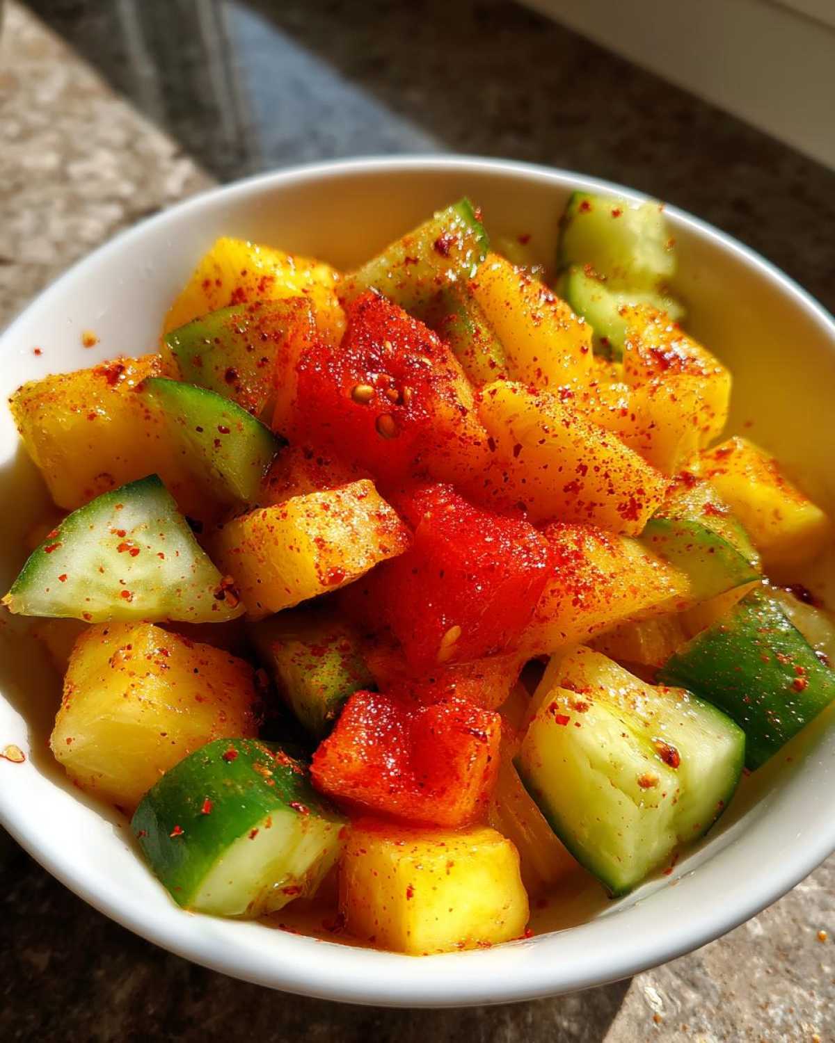 Close-up of diced mango, watermelon, and cucumber tossed with red chili powder for Spicy Mango Tajin Fruit Cups.