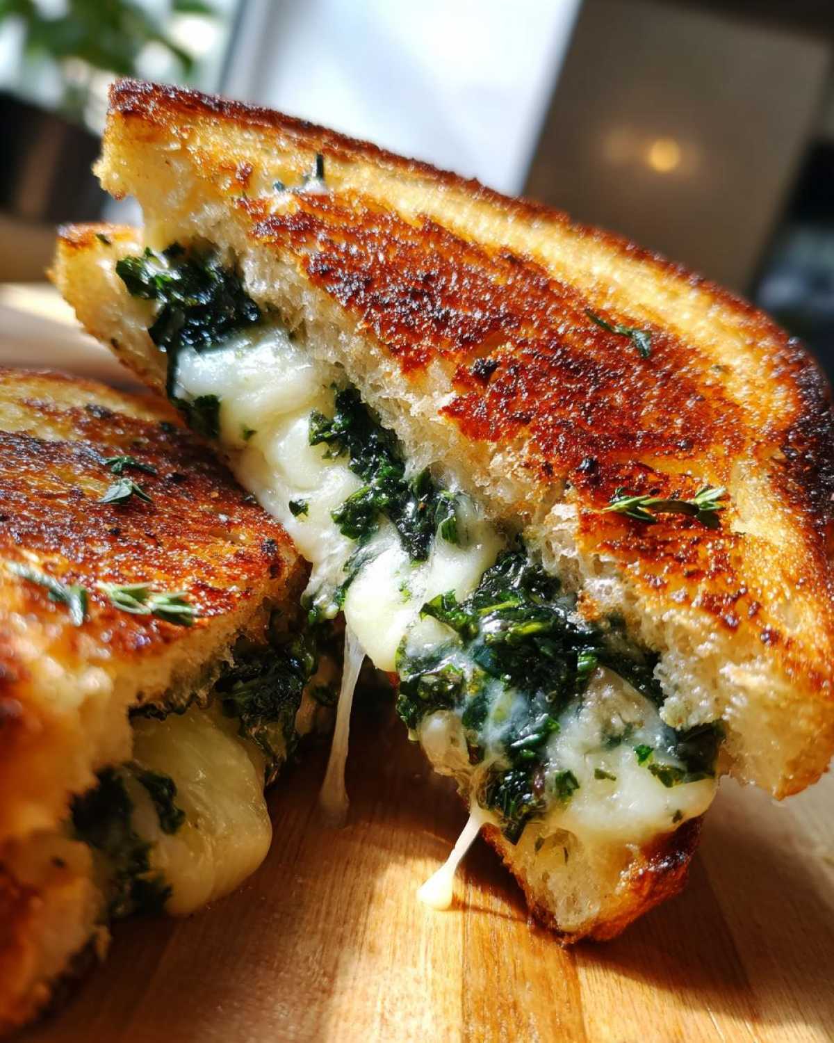 Close-up of a perfectly grilled Spring Onion Jam Grilled Cheese sandwich cut in half, showing melted cheese stretching between the golden-brown bread.