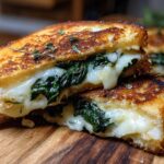 Close-up of a perfectly grilled Spring Onion Jam Grilled Cheese, cut in half showing melted cheese and greens.