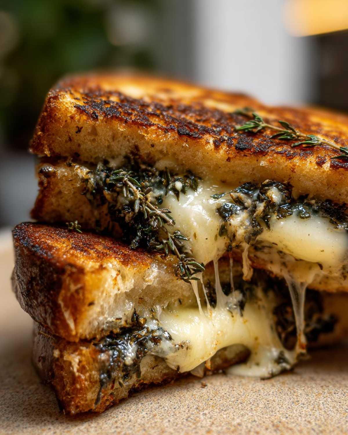 Close-up of a gooey Spring Onion Jam Grilled Cheese cut in half, showing melted cheese stretching between the toasted bread layers.