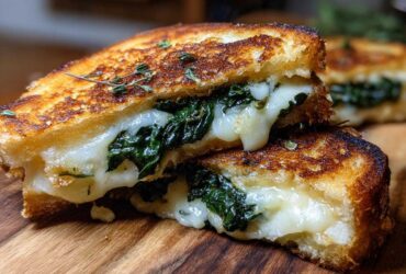 Close-up of a perfectly grilled Spring Onion Jam Grilled Cheese, cut in half showing melted cheese and greens.