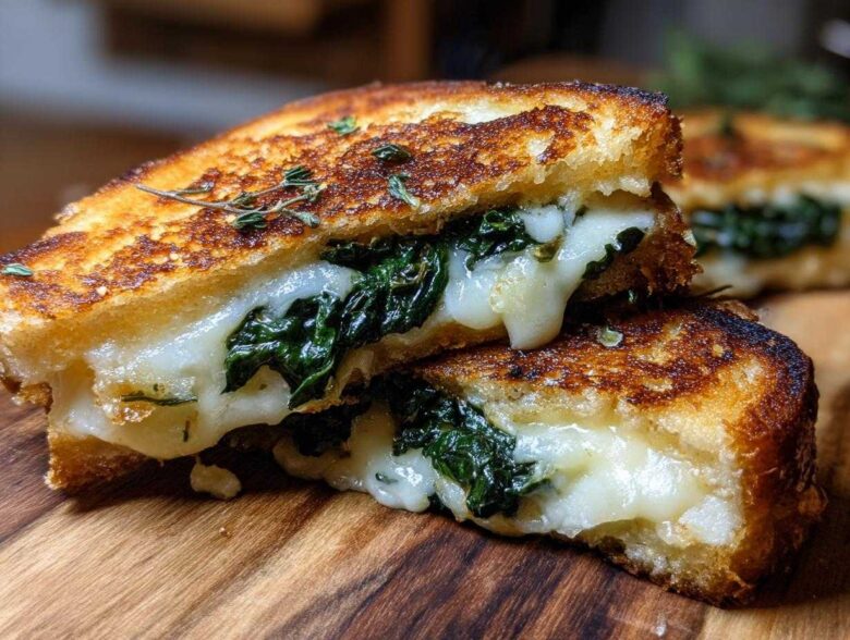 Close-up of a perfectly grilled Spring Onion Jam Grilled Cheese, cut in half showing melted cheese and greens.