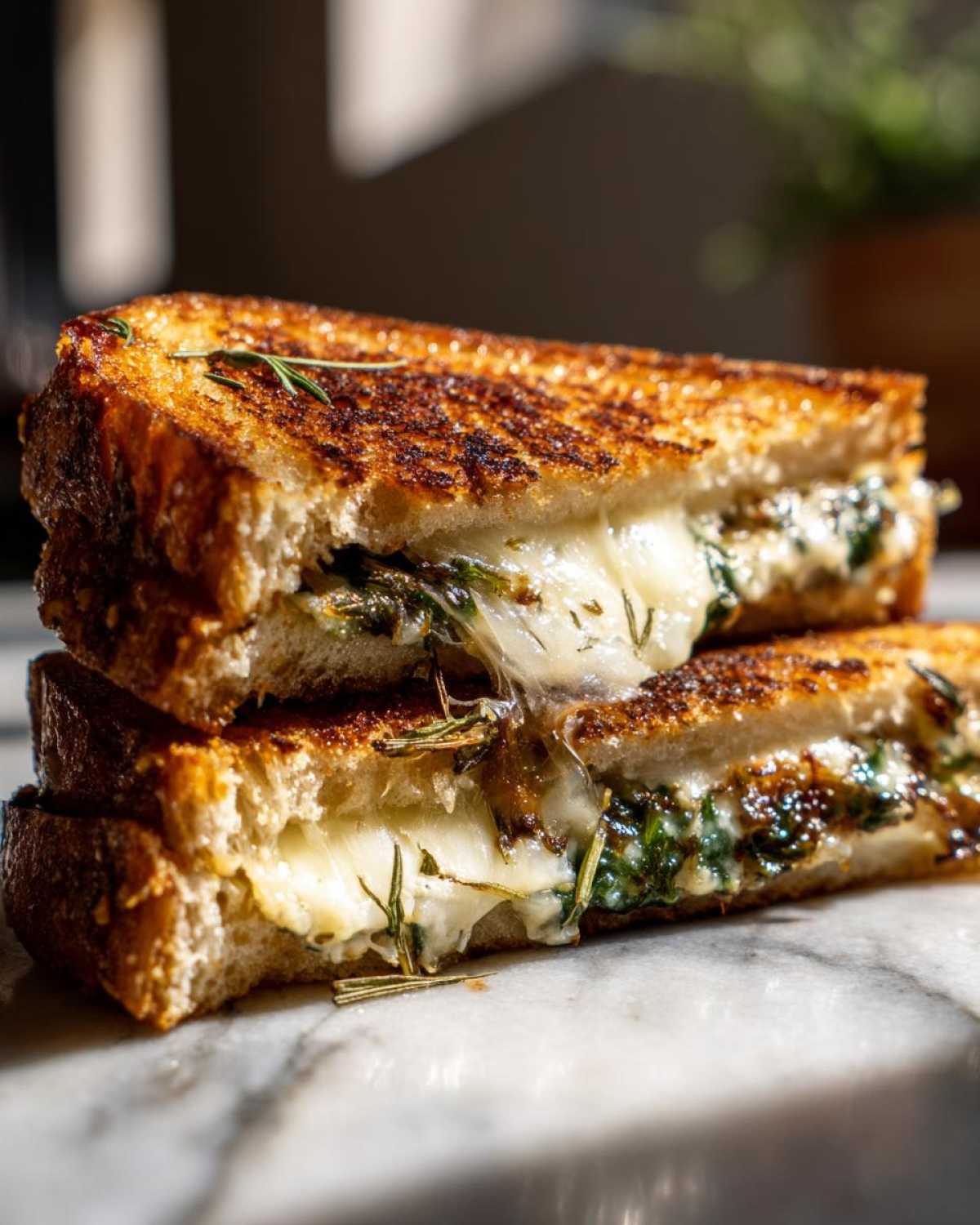 Two halves of a golden brown Spring Onion Jam Grilled Cheese stacked, showing melted white cheese and herbs oozing out.