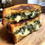 Two halves of a perfectly grilled Spring Onion Jam Grilled Cheese sandwich stacked, showing melted cheese and green filling.