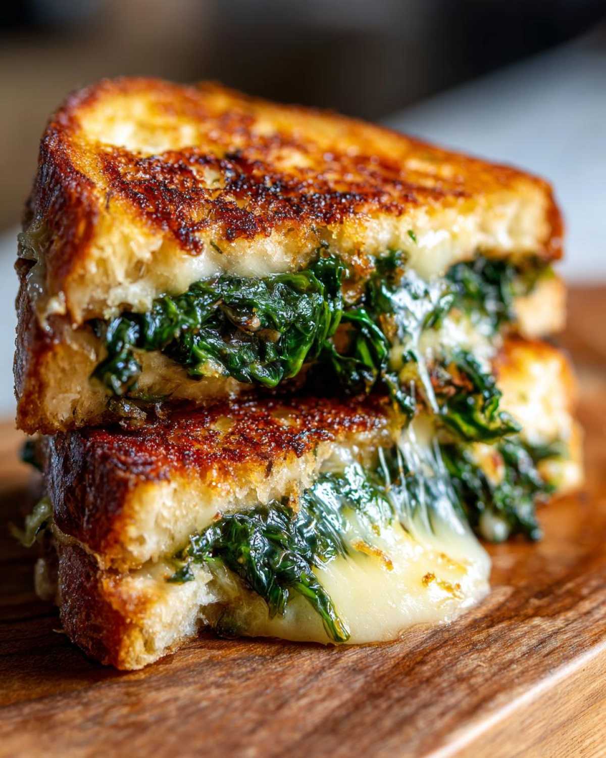 Close-up of a golden-brown Spring Onion Jam Grilled Cheese sandwich cut in half, showing melted cheese oozing out with dark green filling.