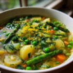 Close-up of a vibrant bowl of Spring Vegetable Minestrone Soup featuring asparagus, potatoes, peas, and lemon zest.