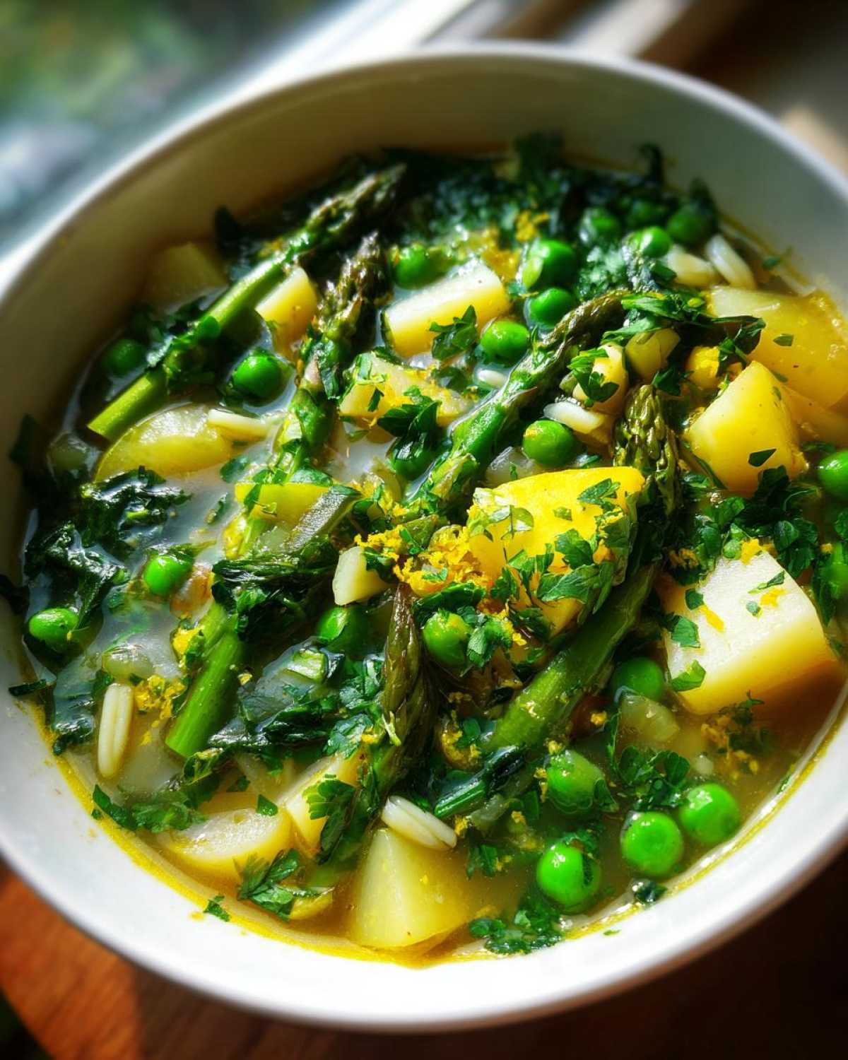 Close-up of a bowl of Spring Vegetable Minestrone Soup featuring asparagus, peas, potatoes, and fresh herbs.