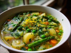 Close-up of a vibrant bowl of Spring Vegetable Minestrone Soup featuring asparagus, potatoes, peas, and lemon zest.