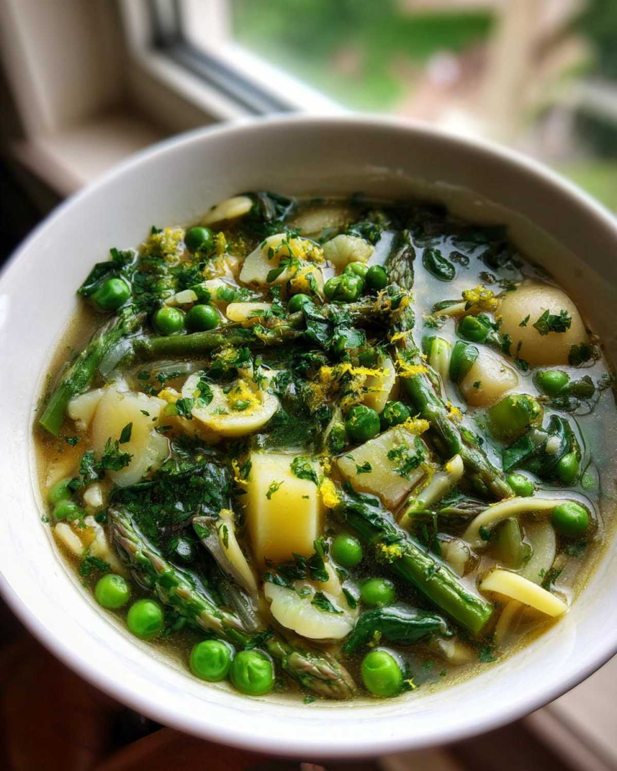 Close-up of a white bowl filled with Spring Vegetable Minestrone Soup, featuring asparagus, peas, potatoes, and lemon zest.