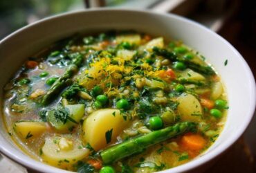Close-up of a vibrant bowl of Spring Vegetable Minestrone Soup featuring asparagus, potatoes, peas, and lemon zest.