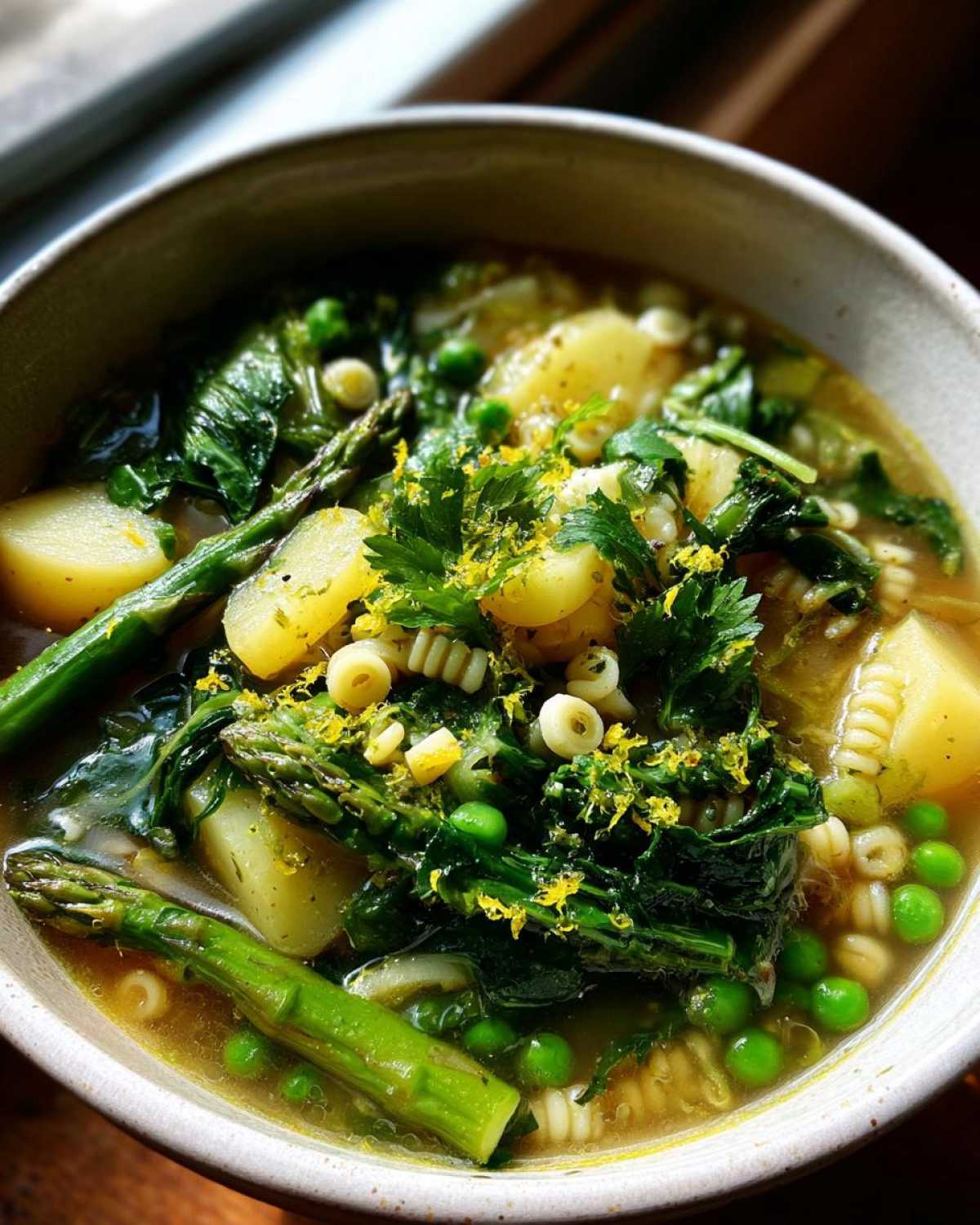 Close-up of a bowl of Spring Vegetable Minestrone Soup featuring asparagus, potatoes, peas, pasta, and lemon zest.