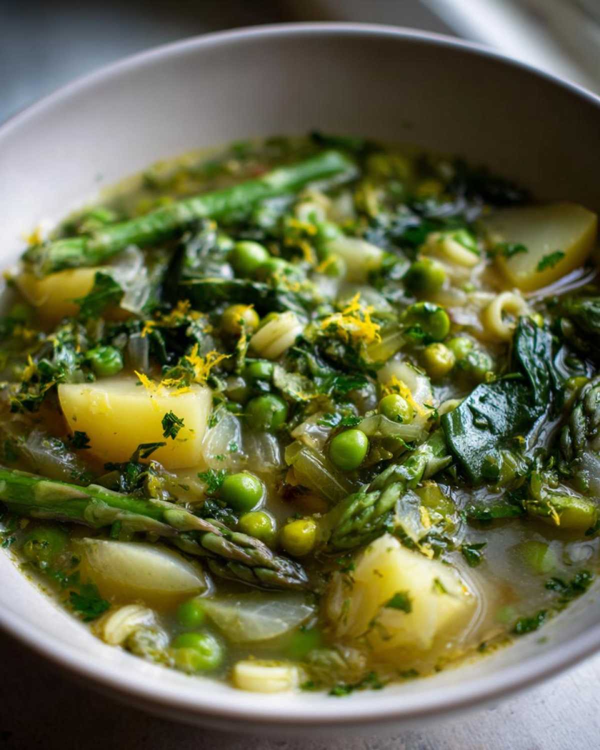 A close-up bowl of vibrant Spring Vegetable Minestrone Soup featuring asparagus, peas, potatoes, and lemon zest.