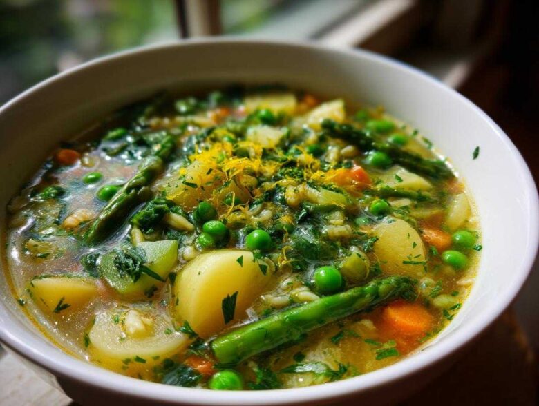 Close-up of a vibrant bowl of Spring Vegetable Minestrone Soup featuring asparagus, potatoes, peas, and lemon zest.