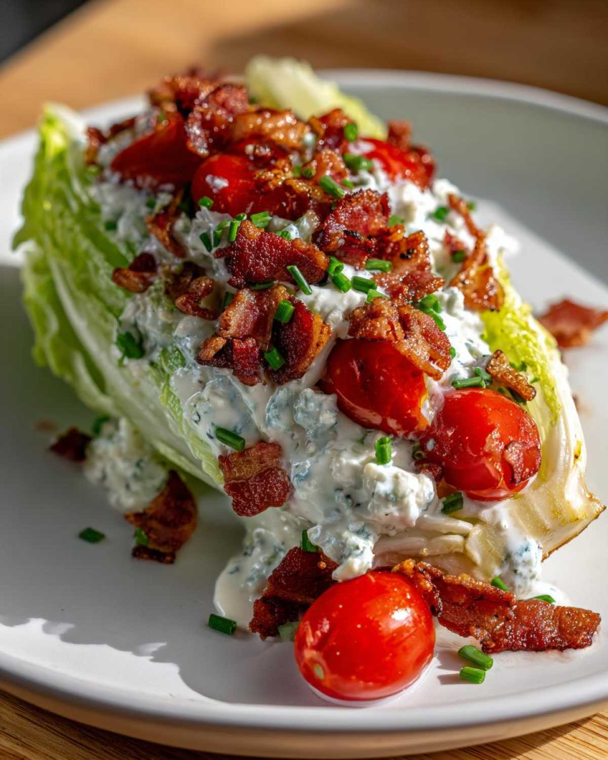 A close-up of a Steakhouse Wedge Salad with Blue Cheese dressing, topped with crispy bacon bits and cherry tomatoes.