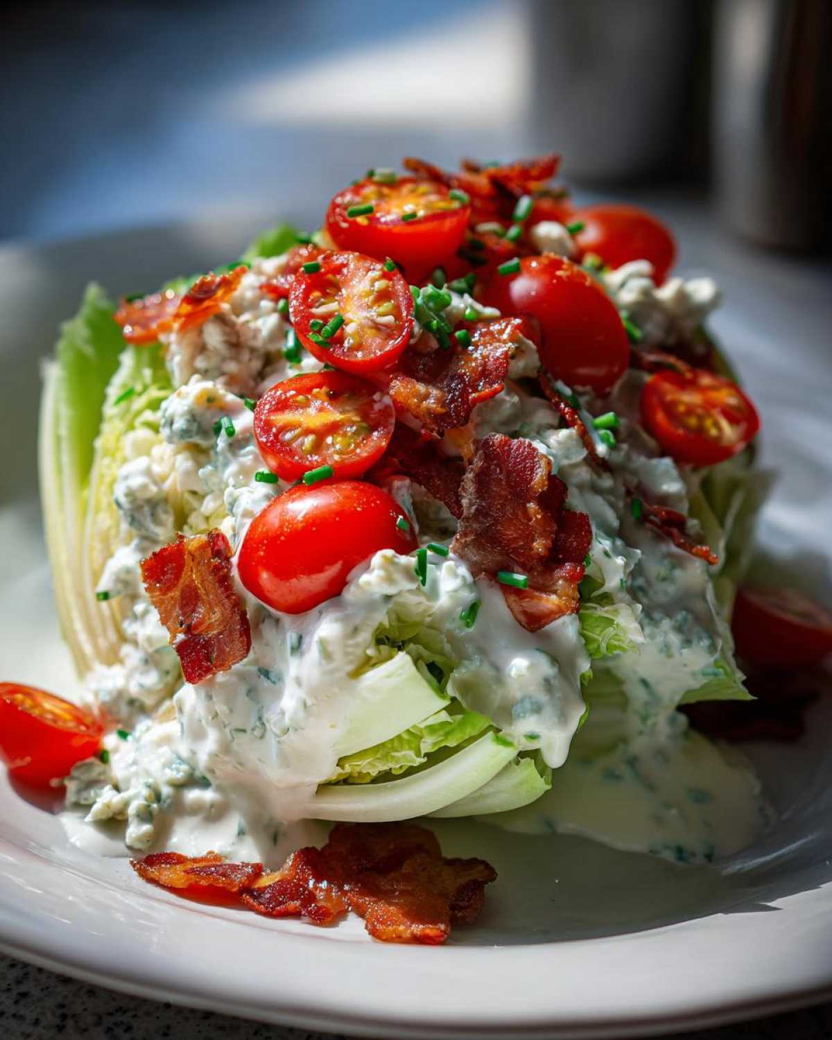 A perfect Steakhouse Wedge Salad with Blue Cheese dressing, topped with crispy bacon and halved cherry tomatoes.