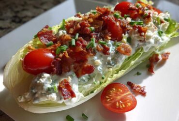 A perfectly dressed Steakhouse Wedge Salad with blue cheese, crispy bacon, and cherry tomatoes on a white plate.