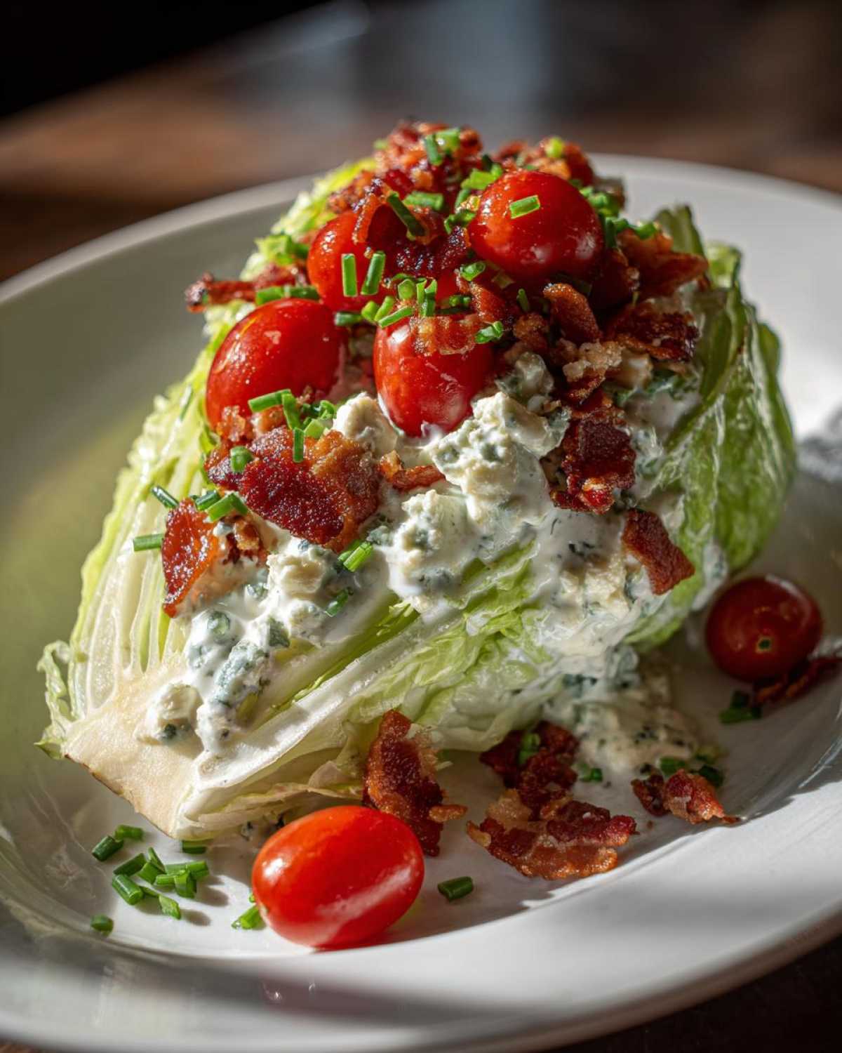 A perfectly dressed Steakhouse Wedge Salad with blue cheese, bacon, cherry tomatoes, and chives.