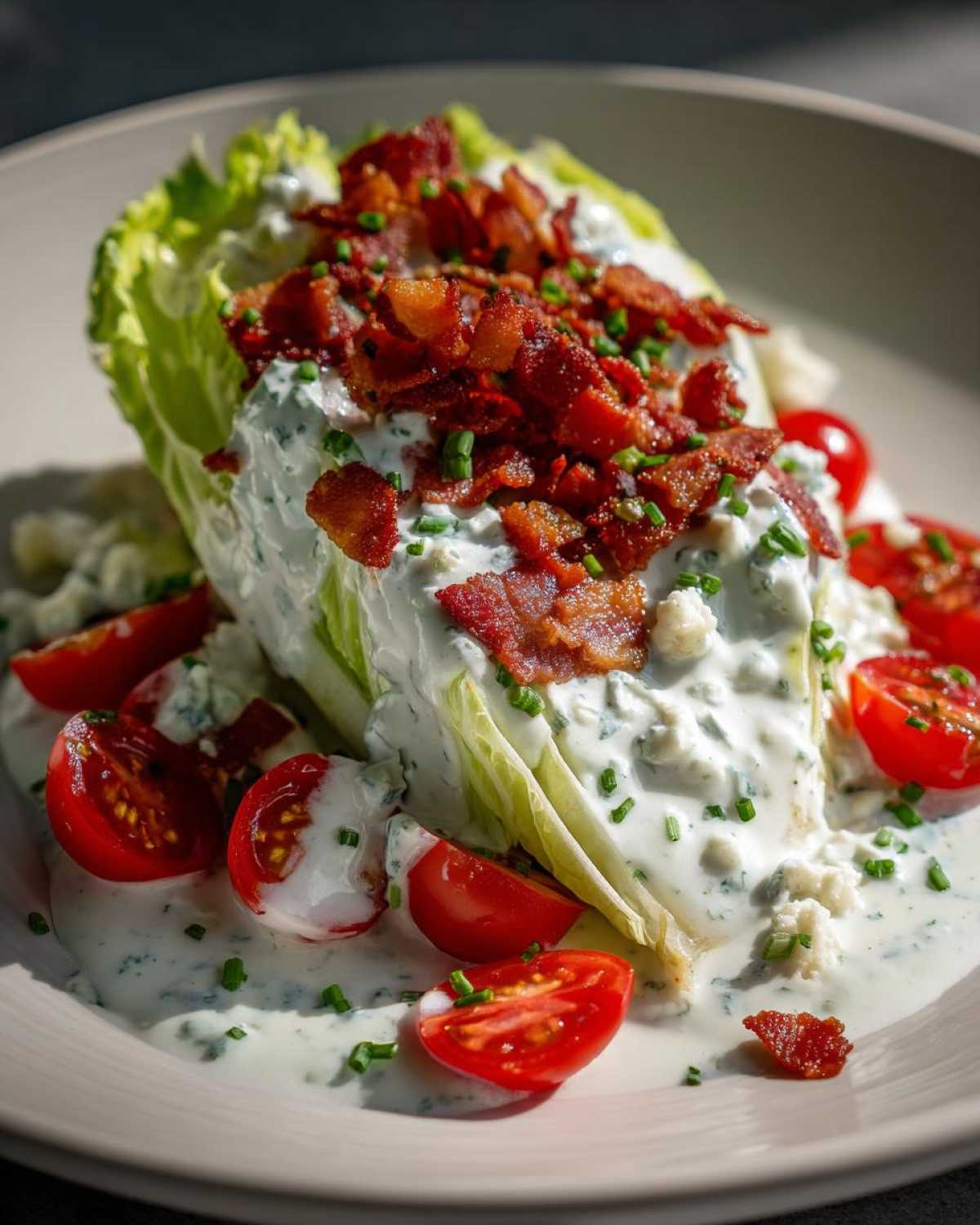 A crisp wedge of iceberg lettuce topped with creamy blue cheese dressing, crumbled bacon, and cherry tomatoes, part of a Steakhouse Wedge Salad.